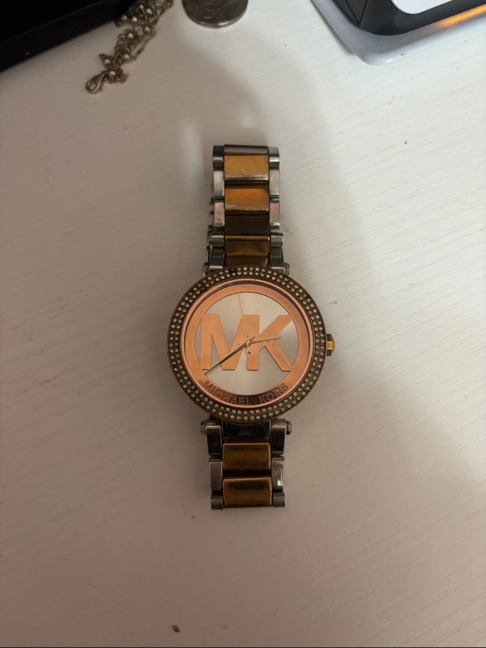 Michael Kors Two-Tone Rose Gold and Silver MK Logo Bracelet Watch
